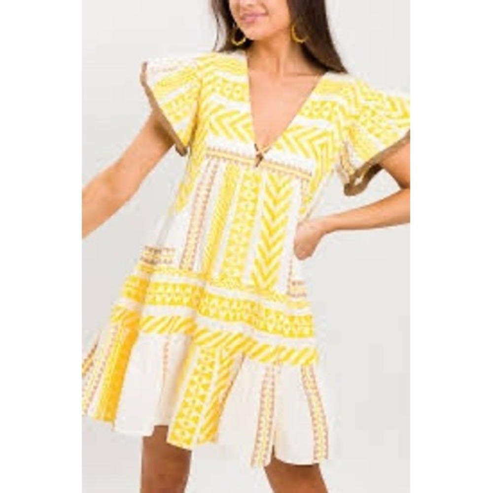 THML Yellow Geometric Print Tiered Mini Dress Pom Pom Flutter Sleeve M SRT1020-Y